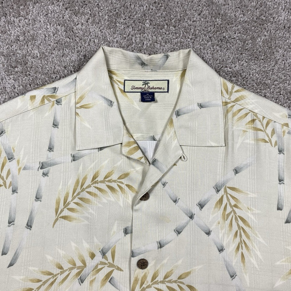 Tommy Bahama Mens Medium Silk Bamboo Palm Leaf Camp Shirt Cream Tan Button Up‎